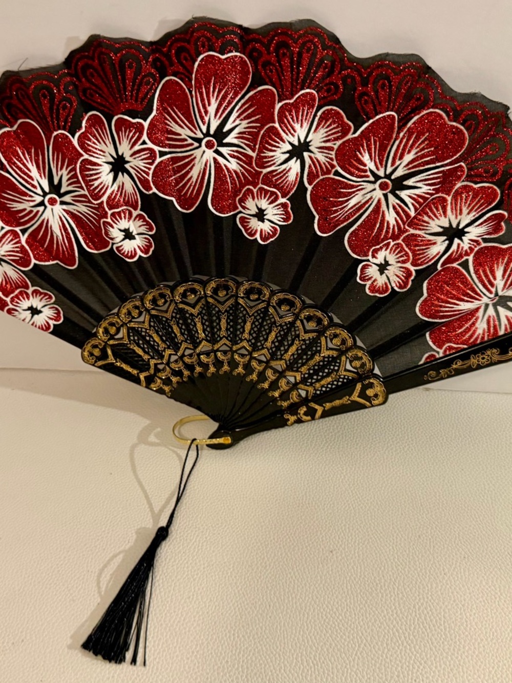 Black Red Floral Folding Hand Fan Glitter Lace Tassel Dance Festival Flamenco - Picture 12 of 16